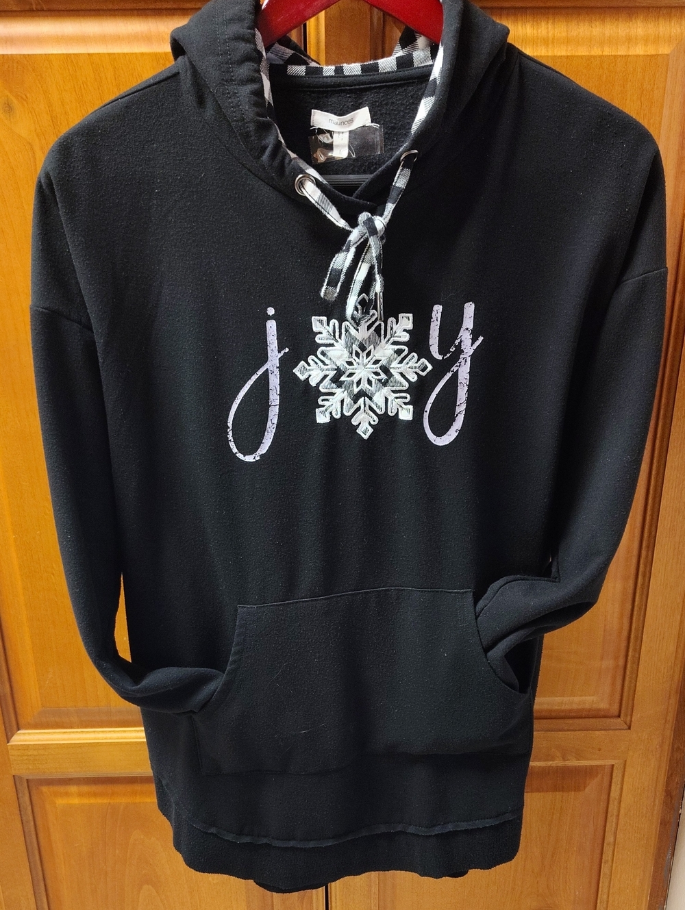 Black 'Joy' Snowflake Hooded Sweatshirt with Plaid Trim Large